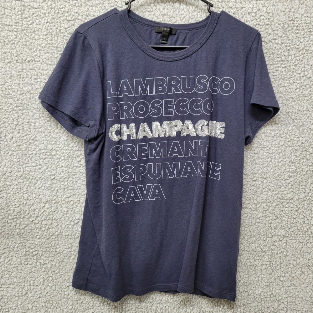 J.Crew Womens Navy Blue Sparkling Wine Sequin Champagne Graphic T-Shirt Large